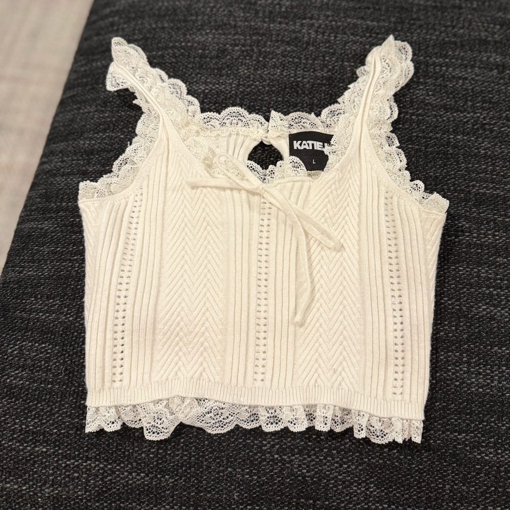 Katie J NYC Ivory Lace Trim Tank Top